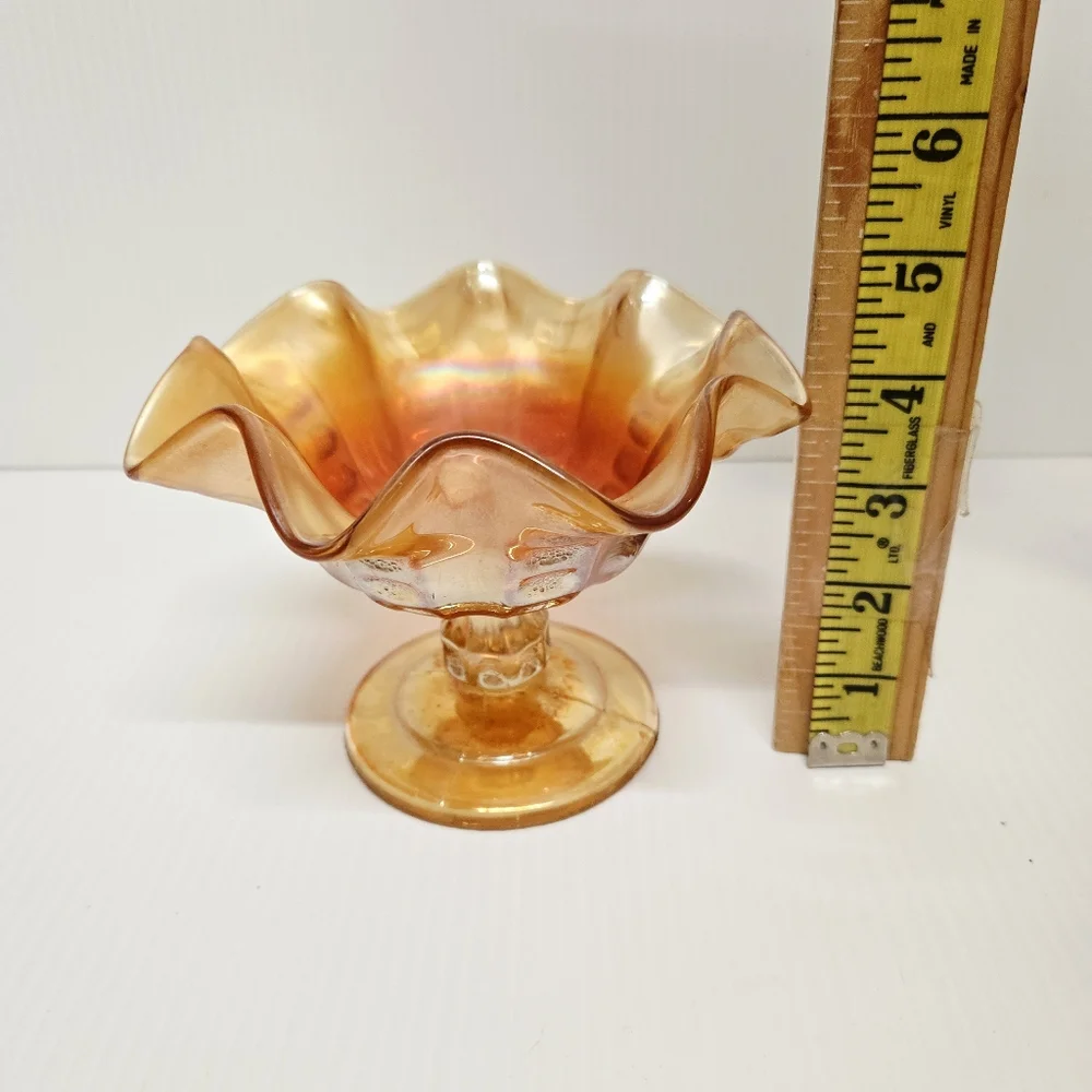 Marigold Carnival Glass Pedestal Ruffled Edge Compote Candy Dish Vintage